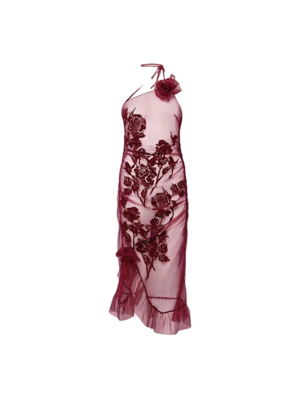 House of Sunny La Belle Dress -Sheer Floral Embroidered Halter Dress in Burgundy